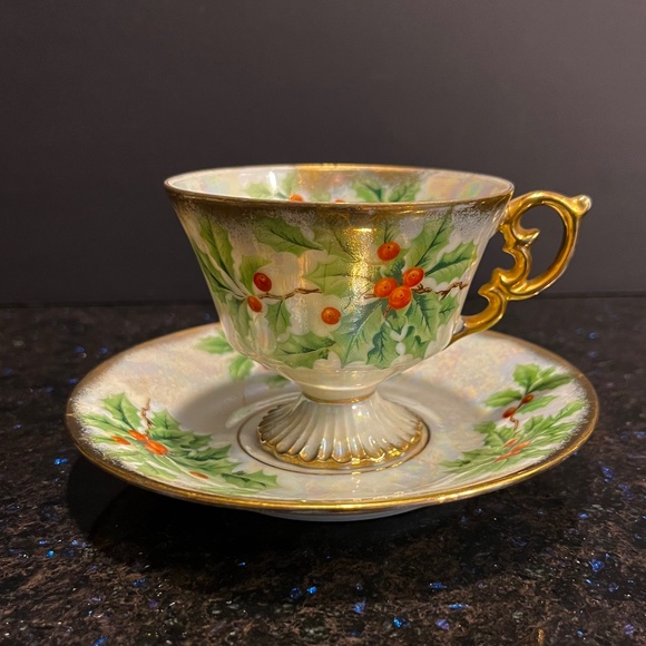UCAGCO Other - Vintage Christmas Teacup & Saucer - Lusterware “December Holly” Porcelain